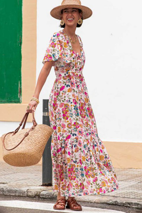 Red Floral Short Sleeve V Neck High Waist Maxi Dress